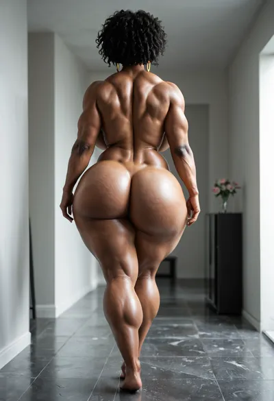 Nude, BBW extremely chubby African women, hyper colossal boobs, extremely large areola, extremely huge puffy nipple, extreme hyper colossal round butts, butts wider and larger than torso, thin waist, muscular abs, walking on nude fashion ramp, back view