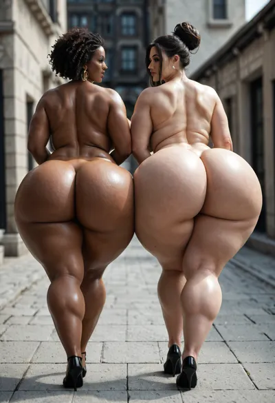Nude, BBW extremely chubby African women, hyper colossal boobs, extremely large areola, extremely huge puffy nipple, extreme hyper colossal round butts, butts wider and larger than torso, thin waist, walking on nude fashion ramp, back view