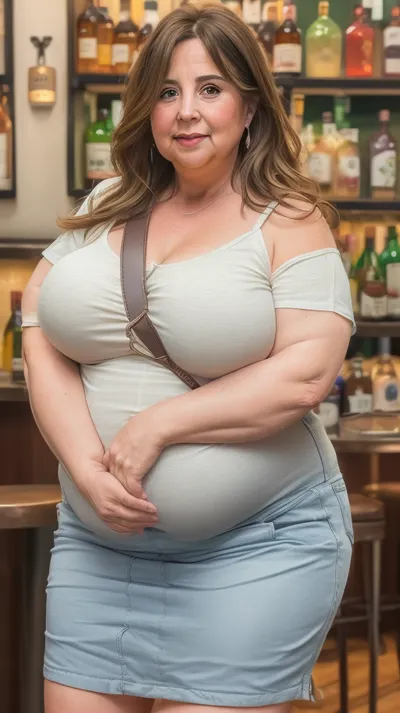 (obese:1.5), (mature:1.5), 50 year old mature woman, milf, RAW photo, subject, (high detailed skin:1.1), wrinkles, 8k uhd, soft lighting, light spaghetti strap t-shirt, high quality, film grain, Fujifilm XT3, dynamic angle, brunette hair, fair skin, full body portrait, (show full face), professional portrait, in a bar, paislash, (purse strap in between sagging breasts), strap connected to bag, <lora:paislash-10:.5>