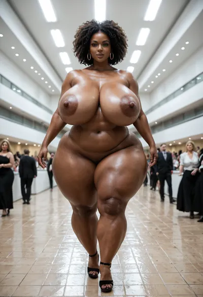 Nude, BBW extremely chubby African women, hyper colossal boobs, extremely large areola, extremely huge puffy nipple, extreme hyper colossal round butts, butts wider and larger than torso, thin waist, walking on nude fashion show, front view