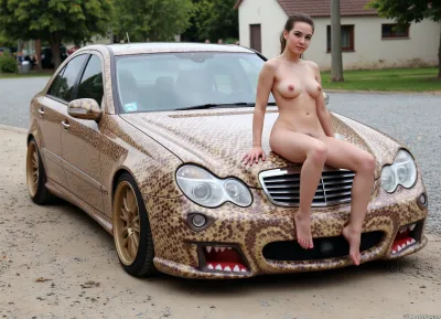 a custom-designed Mercedes-Benz car, featuring a detailed snake-skin pattern wrap covering its entire body, including the hood, trunk, and sides. The front of the car is adorned with large, aggressive-looking snake eyes where the headlights would be, and the bumper is designed to resemble an open snake mouth with fangs. The custom paint job includes realistic scales in shades of brown, beige, and dark brown, giving the impression of a powerful serpent. The car's rims are a metallic gold color, complementing the snake-skin theme, parked outdoors on a rough, gravelly surface, ((a nude girl sits on the hood)), Style, Photorealistic Lighting, Overcast Daylight Composition, Medium Shot, capturing the car prominently with surrounding environment, Details, Whimsical car decorations, subtle reflections on the car's surface, High Detail, Sharp Focus