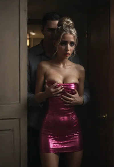 Night, dimly lit, ((bedroom)), (18 yo bimbo coming back from a night out), ((she is very drunk)), ((standing with her back against the bedroom door:1.4)), holding a small purse, (((a man is groping her boobs:1.7))), (((male hands groping her boobs))), (((view from the side:1.3))), (((waist shot))), long straight blonde hair in a bun, deep tanned skin, looking very sad, ((crying:1.5)), ((mascara tears:1.3)), lots of make up, perfect face, insanely beautiful face, supermodel bimbo face, supermodel, bimbo, incredibly hot, russian supermodel, strapless white very tight microdress, pokies, ((massive huge firm bimbo tits:1.3)), ((very skinny)), ((ultrarealistic)), hd, hdr, highest level of detail, <lora:dark:.8>