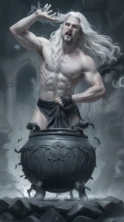 July White Jostling The Black Cauldron The Life Out Of It Even When It’s Fliccad It’s A Pale skinned figure with flowing silver hair July White fiercely wrestles A Massive Obsidian Cauldron fear, now lies flaccid and lifeless, its usual fiery embrace Replaced By A Dull cold emptiness His eyes gleam with a mix of satisfaction