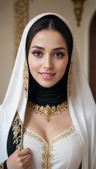 a woman dressed in a traditional Islamic outfit, adorned with a black hijab and a black abaya. The woman's dress is adorned with gold embroidery, adding a touch of luxury to her outfit. The backdrop is a stark white wall, creating a stark contrast to the woman's outfit. Face Detail, Enhanced Beauty, Smile, Realistic Model, Beautiful Face, Hot Body, Sexy Body, Man, Attractive, Handsome Boy, Enhanced all details, Extremely Beautiful, Gorgeous, Pretty Face, Attractive Figure, Mystical Beauty, Sexy Anime Girl, Hot Anime, Hot body, Attractive Body