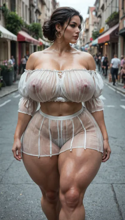 BBW extremely chubby Bangladeshi women, hyper colossal boobs, extremely large areola, extremely huge puffy nipple, extreme hyper colossal round butts, butts wider and larger than torso, thin waist, muscular abs, she wears Bangladeshi-style saree and blouse without underwear made from very thin, see-through fabric, blouse designed strapless, off-shoulder, and front-less to fully reveal the curves, walking on street, front view, back view