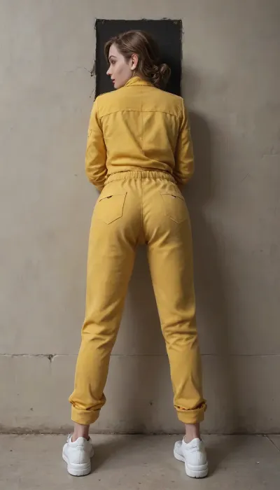 April Onil, in a yellow jumpsuit with pockets, white pumps, sticking into the wall, stuck into the wall through, only her ass and legs sticking out of the wall, rear view, full body view