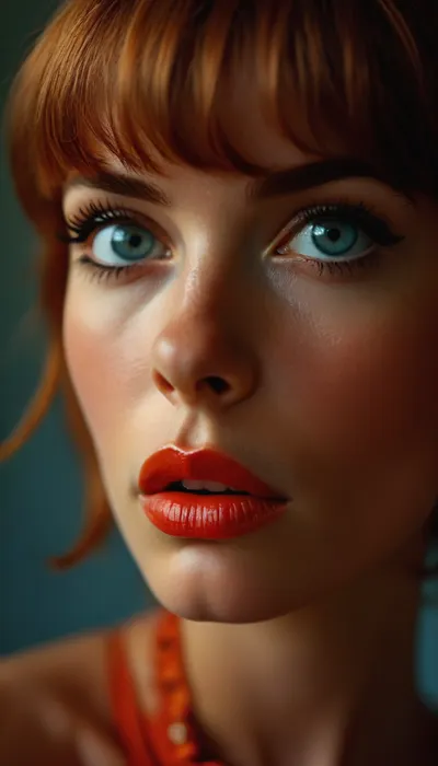 ziprealism, (Richard Avedon, style of Richard Avedon), (Vintage Kodachrome photograph, 1960s mod girl esthetic:1.4), (vibrant auburn hair, blunt bangs haircut), (dramatic false eyelashes, white waterline eyeliner, stunning eyes, doe eyes makeup), (catchlights, limbal ring), (full lips), (innocent expression, delicate face), (face closeup, Dutch Angles, profile shot, sharp focus, focus on lips), but, <lora:BUT_SDXL_SHS:.8>, <lora:MJ52:.8>, <lora:bombshell_v2:.8>