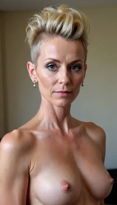 45 years old milf, skinny body, sinewy body, blonde mohawk updo hair, no tattoos at upper body, (small pointy breasts:.5), fit, StokeRealV1, milf_saga, milf_saga_face, <lora:epiCRealismHelper:.6>, <lora:SDXLrender_v2.0:.6>, <lora:StokeRealV1:.7>, <lora:pailide3-000005:.9>, <lora:milfsaga_v3:.6>