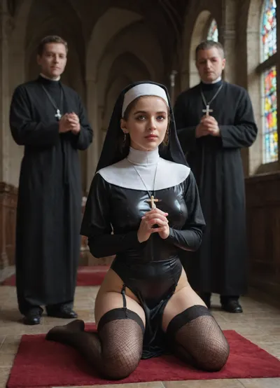 1girl, 3men, nun, habit, garter_belt, underwear, thighhighs, (on_her_knees), (pray), (Rosary_in_hands), white_thighhighs, indoors, church, no_panties, breasts, breasts_visible_uner_shirt black_hair, nun_veil, fishnet_shirt, latex_stockings, bunch_of_men_stand_behind, priests