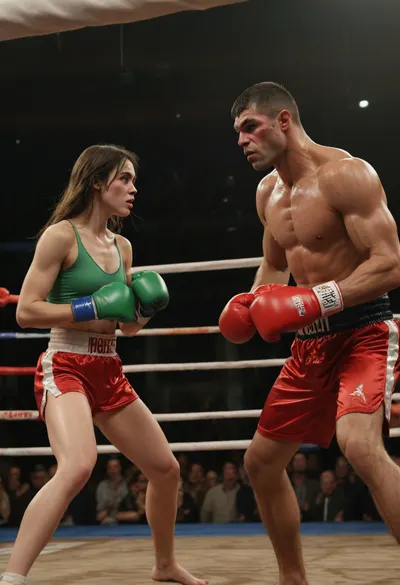 RAW, photo of two photorealistic boxers fighting in a boxing arena. The first boxer is a human-like reptile monster, completely green from the dough, on it pieces of sausage, cheese, it is smeared e, it is the of a basketball goal and exaggeratedly pumped veins. His eyes are yellow, pupil-less and soulless, make-up around the mouth and blue marks around the eyes. The second boxer is a small, thin, barefoot, (((show feet))), Russian girl with long dark hair and red boxing gloves, who faces the monster to fight. In the background hangs a poster with the inscription "NASTYA", a crowd of people are watching in the background., <lora:add-detail-xl:.8>, <lora:detailed_notrigger:.8>, Snyder, Style, <lora:SG2:.8>