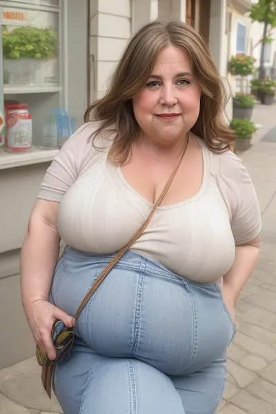 (obese:1.5), (mature:1.5), 50 year old mature woman, milf, RAW photo, subject, (high detailed skin:1.1), wrinkles, 8k uhd, soft lighting, light sleeveless spaghetti strap t-shirt, highwaist jeans, fupa, high quality, film grain, Fujifilm XT3, brunette hair, fair skin, full body portrait, (show full face), professional portrait, cleavage, (purse strap in between sagging breasts, strap connected to her purse), <lora:paislash-10:.5>, <lora:weight_slider_v2:.8>