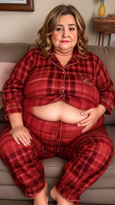 Lubica, Gilf, fat face, (bright hazel eyes), A 60 year old mature woman with saggy breasts in red plaid pajamas, brunette balayage hair with highlights, sitting, couch, living room, belly, veiny, sagging, breasts, veins, natural, thick, thighs, <lora:Milf:1.1>, <lora:kipteitei:.2>, <lora:VeinyBreasts70EpochMaskedReducedMore64_1:.5>, <lora:weight_slider_v2:1>