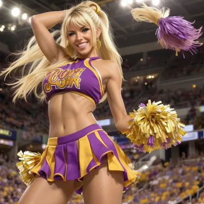 be quality, 25 year old bimbo girl vaginal fuck, tanned skin, tan lines, blonde hair, very long hair, hair in gold ponytail, bangs, laughing, closed mouth smiling, holding purple and gold pom poms, arms raised up, high energy, sweaty, dancing, wearing purple and gold cheerleader skirt, tight purple and gold sweater lifted up, no top, topless, round-huge breasts, no sag breasts, basketball court, crowded nude bleachers, smirking, on basketball court, realistic, 8k, professional photograph, high quality, HDR, full color, whole body, fit, cheering, crowd cheering, orgasm, sex, vaginal fuck, rvcg, girl, boy, penis, front view cowgirl, background, anatomically correct, gigantic ass, shaved legs, no hair on legs, no hair on vagina, ultimate resolution, porn, be creative