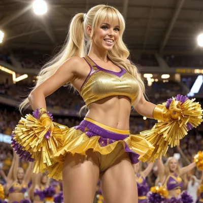 be quality, 25 year old bimbo girl vaginal fuck, tanned skin, tan lines, blonde hair, very long hair, hair in gold ponytail, bangs, laughing, closed mouth smiling, holding purple and gold pom poms, arms raised up, high energy, sweaty, dancing, wearing purple and gold cheerleader skirt, tight purple and gold sweater lifted up, no top, topless, round-huge breasts, no sag breasts, basketball court, crowded nude bleachers, smirking, on basketball court, realistic, 8k, professional photograph, high quality, HDR, full color, whole body, fit, cheering, crowd cheering, orgasm, sex, vaginal fuck, rvcg, girl, boy, penis, front view cowgirl, background, anatomically correct, gigantic ass, shaved legs, no hair on legs, no hair on vagina, ultimate resolution, porn, be creative