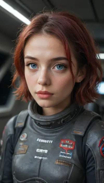 ultra realism, ultra-realistic, hyper-detailed, photorealism, (ultra detailed face:1.3), Euro-American, adult girl, cute face, big eyes, symmetrical eyes, (detailed iris), (detailed mouth), (skinny:1.3), bright blue eyes, small breasts, crimson hair, short hairstyle, Upturned nose, dimples on cheeks, Doll blush, full-length, space, spaceship, stars, (dirty red dark futuristic suit), spaceship cockpit, instrument panel, planets and star