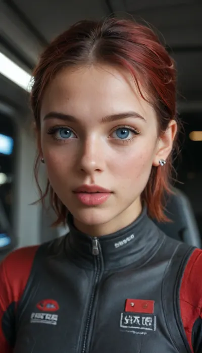 ultra realism, ultra-realistic, hyper-detailed, photorealism, (ultra detailed face:1.3), Euro-American, adult girl, cute face, big eyes, symmetrical eyes, (detailed iris), (detailed mouth), (skinny:1.3), bright blue eyes, small breasts, crimson hair, short hairstyle, Upturned nose, dimples on cheeks, (full-length), space, spaceship, stars, (dirty red dark futuristic suit), spaceship cockpit, instrument panel, planets and star, futuristic ears, plant, (eyes narrowed), mouth slightly open, tongue on lower lip, tongue visible