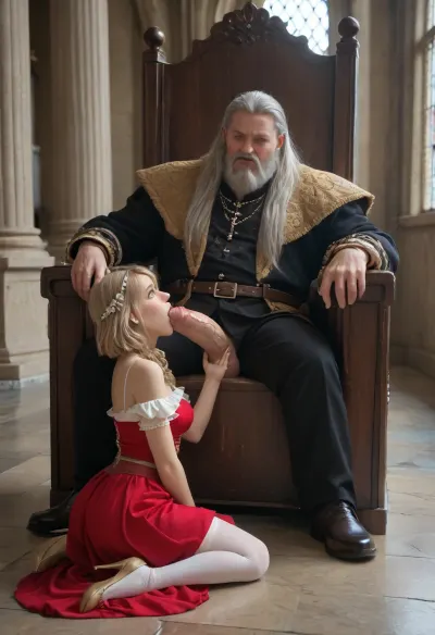 High quality, super resolution, ultra detailing, 8k, perfect eyes, perfect face, perfect hands, giant hairy king man big and fat white, without clothes, giant erect penis, sitting on a throne receiving oral sex from a slave without clothes, giant stone throne in a dark medieval castle, kneeling woman without clothes tied with a chain with a chain around her neck, giving oral sex to the huge man, masturbating the king man and looking at him, giant penis, xxl penis, full body, <lora:add-detail-xl:.8>