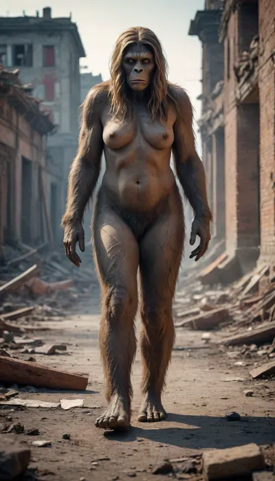 Female Bigfoot .Masterpiece, highly detailed, high quality, full body photoshoot, hdr, 4k, A post-apocalyptic landscape, a thin big foot, The female bigfoot in tattered clothes making her way through the ruins of a city, and dead bodies lying around