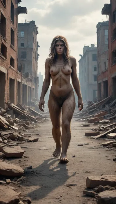 Female Bigfoot .Masterpiece, highly detailed, high quality, full body photoshoot, hdr, 4k, A post-apocalyptic landscape, a thin big foot, The female bigfoot in tattered clothes making her way through the ruins of a city, and dead bodies lying around