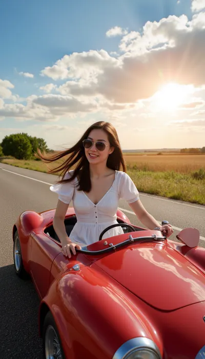 A stunningly beautiful Japanese woman, with her hair billowing in the wind, driving a sleek, red sports car convertible along a scenic highway. She is dressed in a chic, white summer dress that complements her sun-kissed skin and the gleaming chrome of the car. Her eyes are hidden behind a pair of stylish aviator sunglasses, and a wide smile graces her lips as she embraces the freedom of the open road. The car's top is down, revealing the luxurious leather seats and shiny dashboard, which reflect the bright blue sky above. The powerful engine purrs as the vehicle speeds through the landscape, surrounded by a blur of emerald-green trees and golden fields that stretch to the horizon. The asphalt beneath the car's gleaming tires stretches into the distance, inviting a sense of adventure and boundless possibilities. The wind plays with the fabric of the dress, creating a dynamic and playful silhouette as it clings to her body. In the background, a setting sun casts a warm, orange glow over the scene, painting the clouds with strokes of pink and purple. The beauty of the moment is accentuated by the stark contrast between the cool, metallic finish of the sports car and the vibrant, natural hues of the surrounding environment. The overall composition exudes an air of confidence, joy, and liberation, encapsulating the essence of an exhilarating journey filled with excitement and self-discovery.