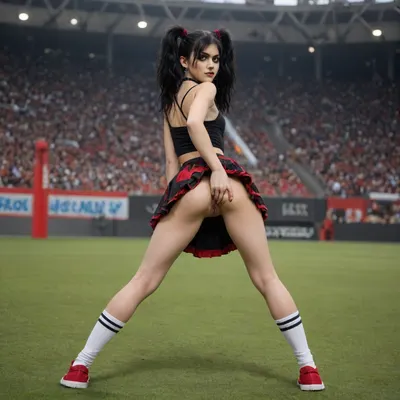 18 year old girl, ((gothic:1.9)), American, Beautiful, cheerleader cosplay, innocent looking, serious face, eye contact, black hair, top pulled up to show breasts, pigtails, perfect small breasts, long legs, athletic, legs spread wide open, vagina wide open, pubic hair, tattoos, red sneakers, white ankle socks, skirt, choker, stood up, looking back, rear view, leaning forward in a stadium, master piece, photo realistic, best quality