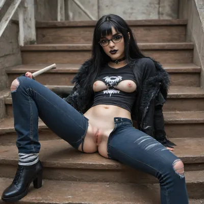 ((Gothic:2)), ((pussy spread wide open:1.8)), English, beautiful, 18 year old, innocent looking, happy, tits exposed, open jacket chest exposed, black and white striped white socks socks, t-shirt pulled up, flat black shoes, ((ripped black jeans with crotch open:1.8)), spread legs, sat on stairs, tattooed arms and legs, skinny body, perfect firm tits, small hard nipples, black hair, hairy pussy, long har, perfect face, choker, headphones, glasses, ultra HD, masterpiece, photo realistic, in a shop