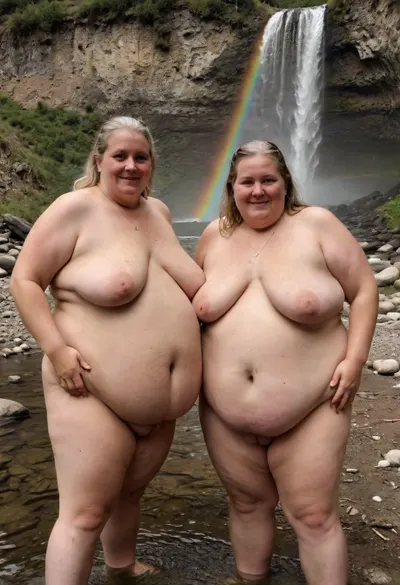 Two sexy beautiful elderly fat Lisbian women swim together in a mountain river, naked, waterfall, spray, rainbow over, megachubsdxl, morbidly, obese, sagging, breasts, stretch, marks, <lora:megachubsdxl_13:.5>, <lora:sagging-000015:.5>, <lora:stretch_marks:.5>