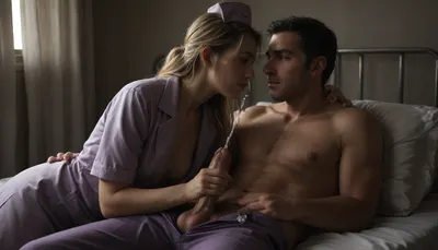 Careful blonde nurse stands seductively next to the patient's bed, long blonde hair, blue eyes, (((wears purple nurse's coat, purple nurse's coat pants:1.5)), nude man lies on the hospital bed, (jerks the man's penis:1.4), cuddling handjob, 1 boy, penis, masterpiece, best quality, very detailed, (penis is erect in hand:1.5), (ejaculation:1.5)), CUM, DONATION, ASSISTANCE, jerk off, flat-chested, SEX, HANDJOB, <lora:CUM DONATION ASSISTANCE:.8>, <lora:dark:.6>, sunlight_str1, <lora:sunlight_str1-SDXL_v1-dim64-steps1691:.8>