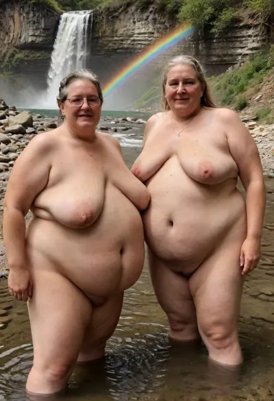 Two sexy beautiful elderly fat Lisbian women swim together in a mountain river, naked, waterfall, spray, rainbow over, megachubsdxl, morbidly, obese, sagging, breasts, stretch, marks, <lora:megachubsdxl_13:.5>, <lora:sagging-000015:.5>, <lora:stretch_marks:.5>