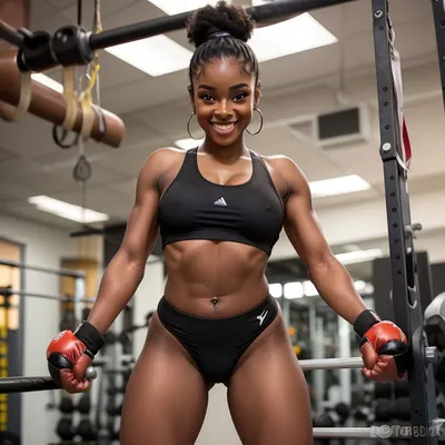 Naked.Cute.Adult. 21 years old ebony woman is doing hard workout at the Gym. muscular body, heavy abs, firm round butts, smile, sweaty body, tiny breast, boxing gloves, two black buns hairstyle