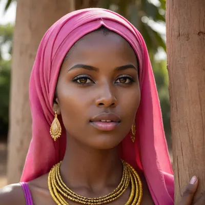 A regal Peul woman stands beneath the fading sun of the Sahel, her face a masterpiece of African nobility — broad nose, large expressive nostrils, voluminous lips, and proud almond-shaped eyes under finely arched brows. Her deep ebony skin catches the golden light, contrasting with a radiant fluorescent pink hijab that dances in the dry wind.

She leans gently against a carved wooden post, lifting one slender leg to tighten her neon-yellow laced evening sandals, the satin laces glowing against her dark ankles. Her fingers, long and elegant, are adorned with electric blue fluorescent nail polish, catching the light like fireflies as she brushes a strand of braided hair from her face.

Around her, the horizon breathes—flat plains, distant cattle, soft cowbells. The scene is quiet, charged with a poetic romance, the gaze of a woman rooted in tradition, yet glowing with otherworldly modernity., titjob, blowjobtitjob, <lora:283625_training_data:2>