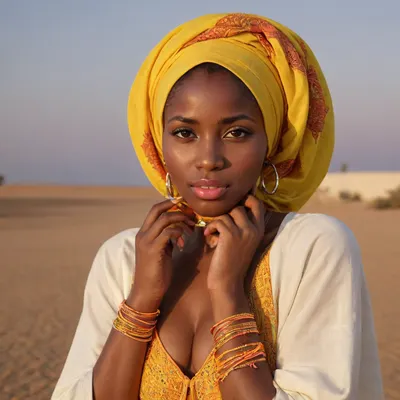 Very dark-skinned Senegalese woman, broad nose, large lips, natural afro hair, fluorescent hijab, neon-laced evening sandals, fluorescent nail polish, golden hour, soft breeze, romantic tribal elegance, Dakar background elements, <lora:SquattingAnal:2>, <lora:Hegre-Nude_woman-000001:.8>