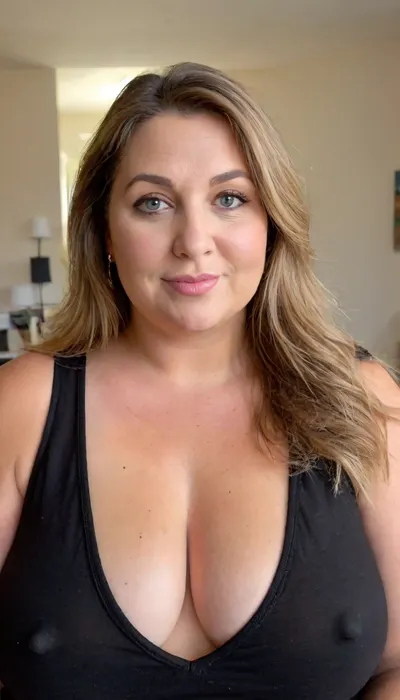 (obese:1.5), (mature:1.5), 60 years old chubby gilf, sagging, breasts, big nipples, dark areola, chavette, (wearing a black v-neck t-shirt), tanned skin, wavy silky balayage brunette hair with highlights parted in the middle, bangs, voluptous, (chubby mature face), glamour, cinematic, hyperrealistic, 5k, best quality, (8k, RAW Photo, Highest Quality), (Epic Realism), Hyper Realistic, (Detailed Eyes), (Superior Quality), Intricate Detail, Cinematic, plump lips, contouring makeup, smokey eyes, fake lashes, juicy lips, lipstick, Detailed, (film grain length, 135mm, f/2.8, DoF, bokeh, ultra-detailed skin, wrinkles, (perfect bright hazel eyes:1.2), intense seductive eye contact, looking at viewer, seductive eyes, skin pores, prominent limbal ring, high-contrast eyes, finely detailed features), (mouth open wide), smiling, epiCNegative, suntanned skin, BadX, wrinkles, no, bra, covered, puffy, nipples, dark, large, wide, <lora:nobrav1_SDXL:.2>, <lora:Nipples XL:.2>