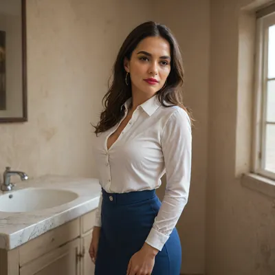 (slender Latina milf:1.4), medium breasts, (red lipstick), dark eyeshadow, (dark-skinned, sharp-cut face, long smooth hair, black hair), brown eyes, (short blue skirt), (white blouse with buttons), (tight clothes), 1girl, solo, in a rustic bathroom of an old house, next to sink, portrait, partial side view, hips visible, standing, concentrated, confident, masterpiece, score_9, score_8, score_7_up, maximum details, best quality