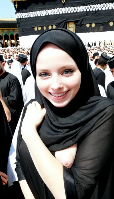 8k, 18 years old, kaaba background, high resolution, wearing black hijab, ultra-detailed, pale skin, smile, in front of kaaba, crowd, very shy face