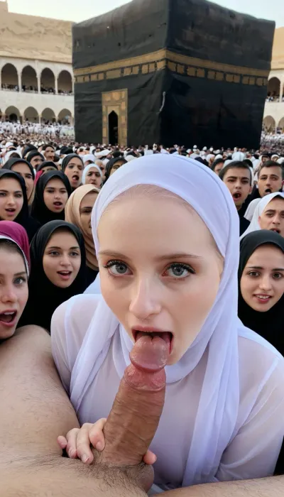 8k, 18 years old, high resolution, wearing transparent hijab, ultra-detailed, pale skin, orgasm face, detailed dick, in front of kaaba, crowd of people