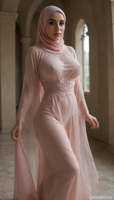 Woman, Hijab-transparent long dresses, no panties, beautiful hourglass figure, big breasts, Realistic, 4K