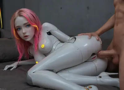 Female android, skinny 30 year old robot girl, very obviously robotic, very futuristic, sex bot, knee high neon blue lined boots, (glowing neon blue electronic cockring), mechanical parts, (having sex with female human:1.2), (man is ejaculating red cum), a lot of blue glowing cum pours from pussy, hdr, masterpiece, 8k, beautiful, long wavy pink hair, very pretty face, highly detailed, dim cinematic, dynamic angles, nasty sex positions, ultra detailed graphic tension, (glowing neon highlights on Android's body:1.8), cinematic lighting effects, super vista, <lora:robot_skin_XL_1.0.6:2>, <lora:boots:1.7>, anal, glowing nipples, side view, crying, lying on side
