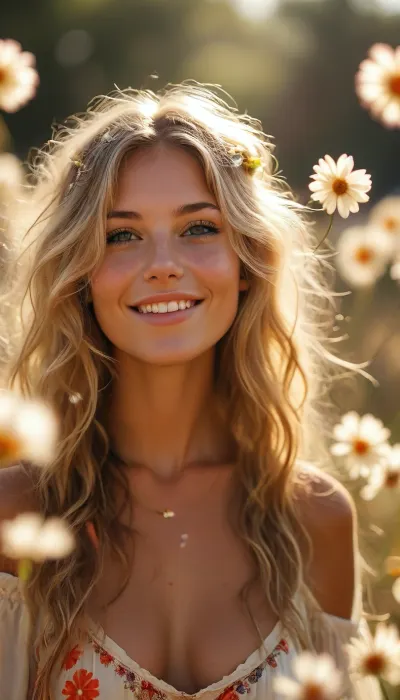 ziprealism, (hippy woman basking in wonderment, bright joyful smile, floating flower petals swirling in the breeze, warm glowing sunlight, beautiful sunny day, glowing silhouette:1.4), (f/2.8 shallow depth of field, creamy bokeh, tight headshot, extreme face closeup, layered composition with subtle foreground, focus on eyes:1.4), (sand-blonde hair, loose flowing hair, flowers in hair:1.4), (catchlights, sharp contrasting limbal rings, large expressive eyes, stunning eyes, perfect eyes, slightly downturned eyes), (full lips, soft lips, moist lips), (porcelain skin, natural skin texture), <lora:MJ52:1.4>, but, <lora:BUT_SDXL_SHS:.2>