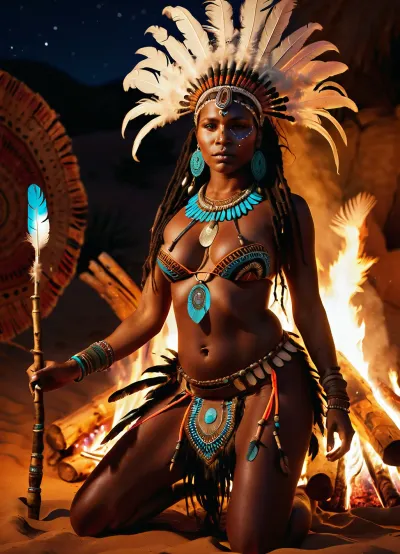 Super realistic image, full color image, full body view, 8K quality, 1girl, Africa, Sahara, night, campfire, ((full-length)), young African shaman, black aboriginal woman, African black woman, ((elaborate costume with feathers)), horns, mask, headdress made of feathers, horns and bones, tribal jewelry, necklace, claw necklace, (loincloth made of skins), staff in hand, ceremonial attire, ((neon coloring on face, chest and stomach)), luminous tattoos on feet, ritual symbols, (barefoot), bare chest, boho style, exotic, concept art, fantasy art, artstation, detailed drawing, digital painting, elaborate details, realism.