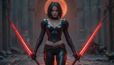 ((full body in picture)), (oil picture of a selene from underworld), athletic body, muscular, (), (from movie underworld), (thin dark leather latex action outfit), (full sleeves), (gloves), (cleavage cutout), (red belt), (asymmetrically torn outfit:1.4), (pale vampire skin tone), (standing in dark street), ((night time)), ((shadow hunter)), ((distant small blood red moon)), (dark short hair is moving from wind), ((holding dual glowing sword:1)), (thigh gap), smirk, detailed face, stacked busty, depth of field, massive lips, dark hair, realistic, pale skin, detailed bright blue eyes, (identical eyes), detailed skin, slight smile, center opening, perfecteyes, Dual, Swords, <lora:lora-sdxl-perfect-eyes:.5>, <lora:add-detail-xl:1>, <lora:XL_Weapon_Dual_Swords_-_By_HailoKnight:.8>, <lora:Movie_aesthetic_XL:.8>