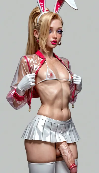 Jessica rabbit, ((very skinny and tall)), 50 yo, ((Transsexual with big cock squirts sperm)), bimbo slut, red transparent plastic micro jacket, blonde hair, (freckles:1.5), high ponytail with bangs, ((very big plump lips)), medium breast, heavy Sexy makeup, ((Sexy makeup, intense saturated glossy magenta lipstick)), transparent red plastic micro bikini, white latex pleated micro skirt, white latex rabbit ears, gloves, (femboy, Big cock comes)