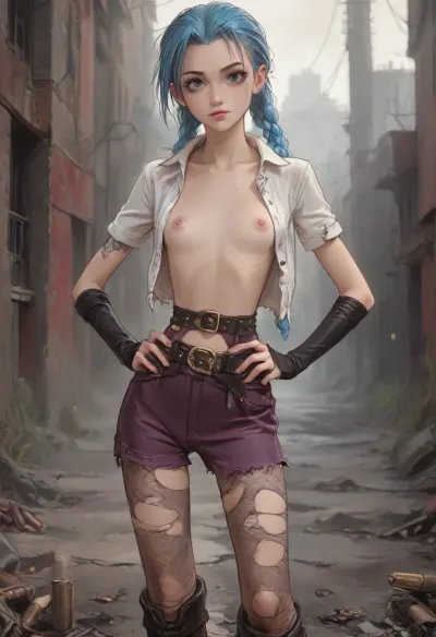 score_9, score_8_up, score_7_up, score_6_up, ((jinx:1.4)), (style anime:1.6), (inspired illustration, ratatatat74:1.6), (skinny:1.9), (small waist:1.9), (cute-innocent:1.4), big thick lips, (seductive:1.3), (dimples:1.3), (belt with bullets:1.3), (big leather elbow gloves:1.2), (slim legs), purple mini-shorts, (fishnet pantyhose:1.4), (apocalyptic background:1.5), (big boots), (dirty unbuttoned open shirt:1.4), (torn clothes:1.7), hands on hips, (bare breasts:1.3), (flat chest:1.1), <lora:ratatatat74-000050:.6>, <lora:outline_xl_kohaku_delta_spv5x:2>, <lora:cartoon_stickers_xl_v1:.5>, <lora:NEOTOKIOXL_0.2_RC:.4>, <lora:AshMilkshake_Illustrious_v1:2>