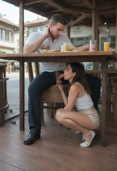 Full body view of a woman on her hands and knees underneath a table giving a blowjob. A man and a woman are at an outdoor cafe. The man sits calmly eating his breakfast. Underneath the table, the woman is on her hands and knees and her face is between his legs. She quietly sucks his cock under the table, unseen by other restaurant patrons. The man is fit, attractive, and wearing shorts and Polo shirt. The woman is petite, has long hair and wears a small dress.