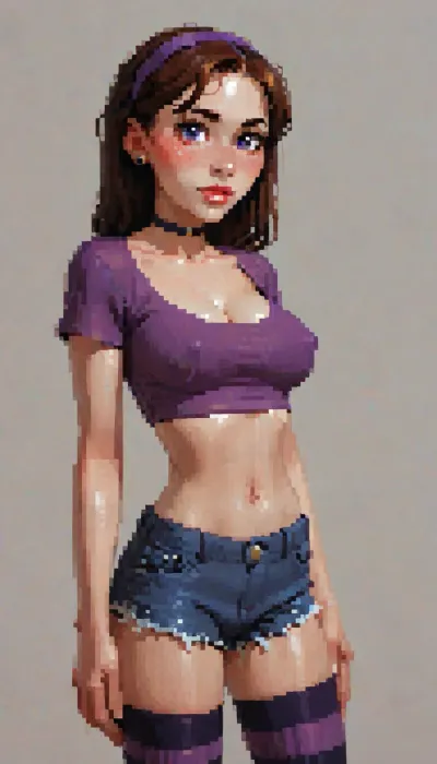masterpiece, best quality, amazing quality, high res, plain white background studio lighting, 1girl, (violet_parr, incredibles), purple headband, choker, purple t shirt, crop top, cleavage, daisy dukes, striped stockings, hands behind her back, medium breasts, erect nipples, looking at viewer, (incase style), pixelart, incase, style, pixel, art, <lora:ratatatat74-000050:1.3>, <lora:outline_xl_kohaku_delta_spv5x:1.8>, <lora:NEOTOKIOXL_0.2_RC:.4>, <lora:287175_training_data:.6>, <lora:pixel_stormXL:.3>
