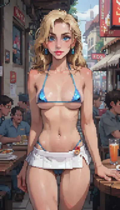 UHD 8K, extreme realism, maximum detail, (crowded restaurant:1.3), 20 year old athletic Belgian blonde, (straight shoulder-length hair:1.5), medium breasts, (tiny tight-fitting white microskirt:1.7), (high side slit:1.5), (extremely small bikini top:1.5), very attractive, naive smile, standing, front view, (incase style), pixel, art, pixelart, <lora:ratatatat74-000050:1.3>, <lora:outline_xl_kohaku_delta_spv5x:1.8>, <lora:cartoon_stickers_xl_v1:.6>, <lora:NEOTOKIOXL_0.2_RC:.4>, <lora:pixel_stormXL:.3>