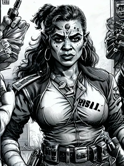 an attractive half-orc woman police officer, theOldShadowRunStyles, ((black and white pen drawing)), <lora:theOldShadowRunStyles_1990sV10_LoRA:1>