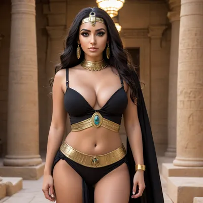 bimbo goddess, (ancient Egyptian makeup:1.3), realistic eyes, realistic face, black hair, large eyes, hyper detailed, goddess of beauty, golden glowing aura, gigantic natural breasts, heavy breasts, perfect breasts, busty, thick thighs, wide hips, beautiful face, tan skin, long hair, blush, big fake boobs, bimbo, Front view, graceful women, full body shot, all black clothing, standing and looking at viewer like a model.