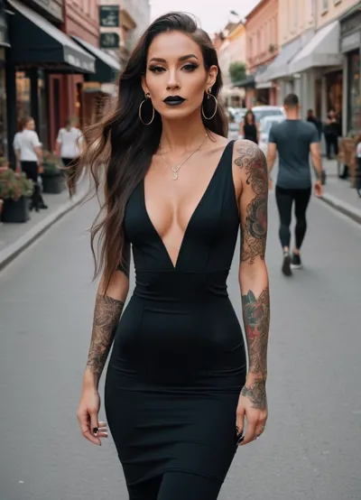 ((skinny petite girl with full body covered in tattoos walking on street in black tight dress with deep neckline with black nylons leggins and loop earrings and sexy makeup long hair))
