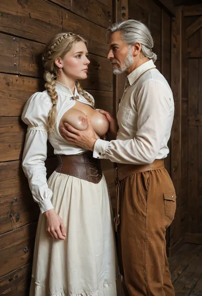 8k, uhd, ultra-realistic, (1women 1man), Middle Ages, ((wooden wall on background)), (a poor woman, peasant woman, adult woman, southern woman), (submissive woman), her name is Anfisa, The woman's height is 170 cm, (woman has cute adult face, sad face, woman has broad shoulders, woman has big breasts, woman has wide hips, woman has long legs, woman has long straight blonde hair braided into braids, woman dressed in white primitive clothes, white peasant shirt, white peasant skirt, woman wearing medieval peasant white shirt, ((woman wearing medieval peasant primitive skirt)), woman has no bra, her breasts exposed, (woman is barefoot), womans hands behind her back), man stay in front of woman, (man grope her breasts:1.8), (man roughly touches a woman's breast), (a woman is ashamed, a woman is uncomfortable, a woman obediently endures), (man is athletic, (middle-aged man), man's height is 185 cm, man is dressed like a medieval landowner, man wearing medieval pants, man wearing medieval boots, man has grey hair), detailed woman's toes, detailed eyes, <lora:Super_Eye_Detailer_By_Stable_Yogi_SDPD0:.8>